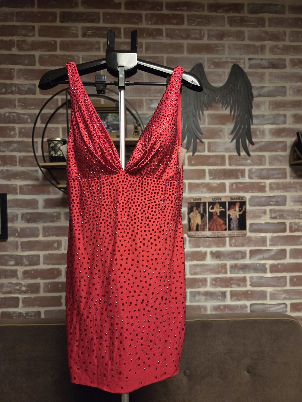 Johnathan Kayne Red V-Neck Embellished Slip Dress